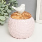 Шкатулка керамика круглая "Белая птичка" розовый 9х9х12,5 см - фото 3017078