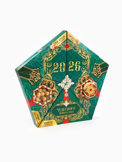 Подарочный набор новогодний «Время чудес»: чай зеленый, чай чёрный, арахис в глазури, конфеты, крем - мёд