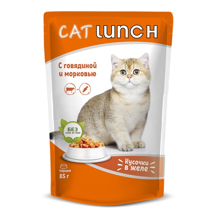 Влажный корм CAT LUNCH для кошек, кусочки в желе, говядина/морковь, 85 г - Фото 1