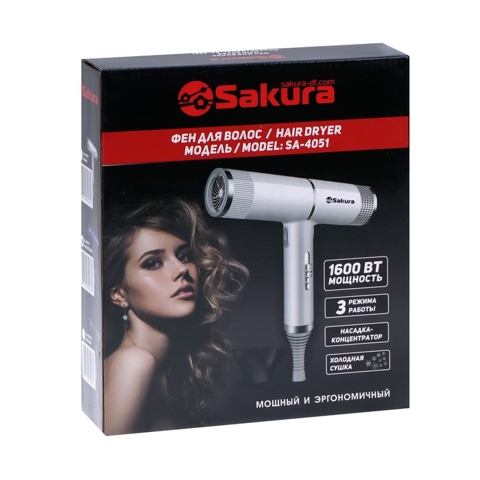 Фен Sakura SA-4051GR, 1600 Вт, 3 скорости, 3 темп. режима, концентратор, шнур 1.8 м, зелёный - фото 51345620