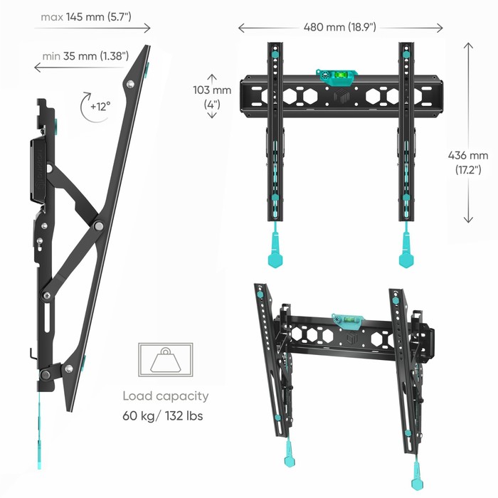 Кронштейн ONKRON TM5, для ТВ, наклонный, 32"-70", 35-145 мм от стены, черный - фото 51434626