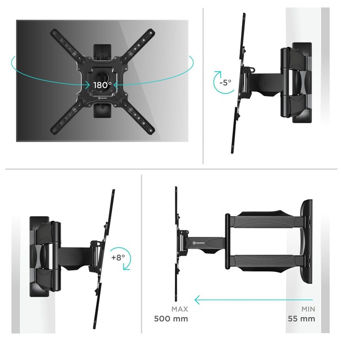 Кронштейн ONKRON M4, для ТВ, наклонно-поворотный, 32"-65", 55-500 мм от стены, черный - фото 51434689