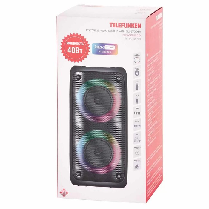 Портативная колонка Telefunken TF-PS1279B, 40 Вт, 2400мАч, BT, microSD, AUX, подсветка, IPx4 - фото 51323087