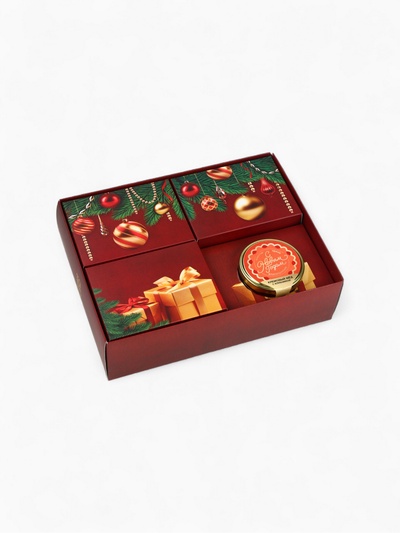 Подарочный набор новогодний «Счастливого нового года», чай чёрный 50 г, арахис 100 г, ананас 100 г, крем-мёд 120 г