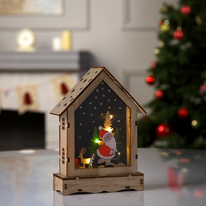 Светодиодная фигура «Домик с Дедом Морозом» 16 × 11 × 4.5 см, дерево, батарейки АААх2 (не в комплекте), свечение тёплое белое - Фото 1
