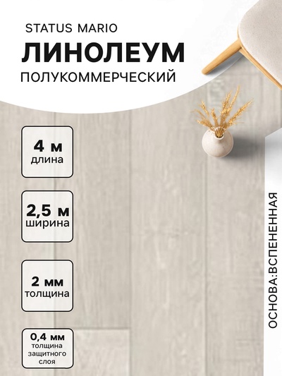 Линолеум полукоммерческий Status Mario 1, ширина 2.5 м, длина 4 м, толщина 2 мм, 10 м²