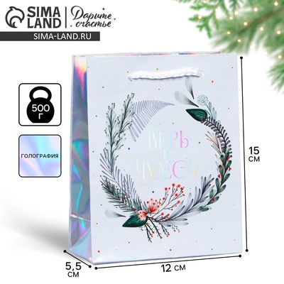 Пакет новогодний подарочный голографический «Чудеса рядом», 12 х 15 х 5.5 см