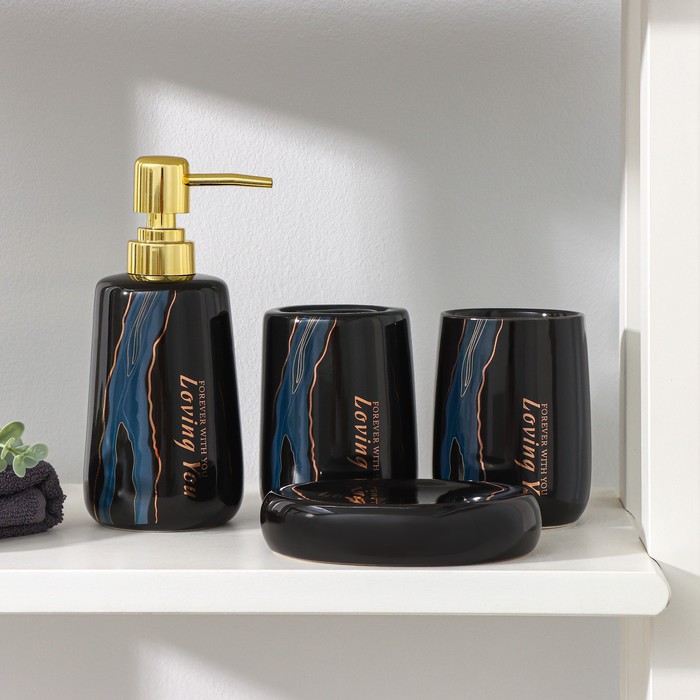 Набор аксессуаров для ванной комнаты SAVANNA «Малахит», 4 предмета (мыльница, дозатор для мыла 400 мл, 2 стакана), цвет чёрный - фото 1906097408