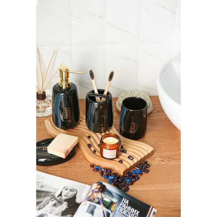 Набор аксессуаров для ванной комнаты SAVANNA «Малахит», 4 предмета (мыльница, дозатор для мыла 400 мл, 2 стакана), цвет чёрный - фото 1906097414