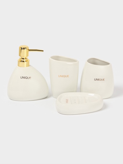 Аксессуары для ванной SAVANNA Stone, 4 предмета: мыльница, дозатор для мыла, 2 стакана, белые