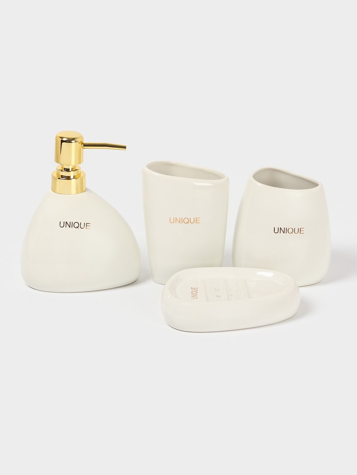 Аксессуары для ванной SAVANNA Stone, 4 предмета: мыльница, дозатор для мыла, 2 стакана, белые - Фото 1