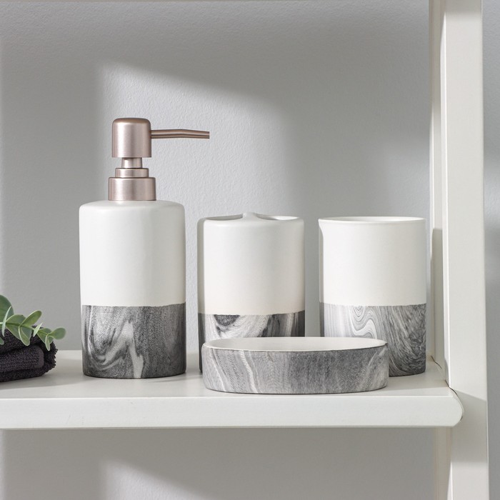 Набор аксессуаров для ванной комнаты SAVANNA Stone gray, 4 предмета (дозатор для мыла 390 мл, 2 стакана, мыльница), цвет белый - Фото 1
