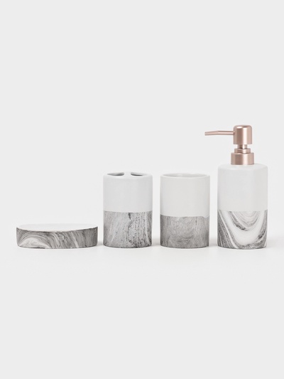 Аксессуары для ванной SAVANNA Stone gray, 4 предмета, дозатор для мыла 390 мл, 2 стакана, мыльница, белые