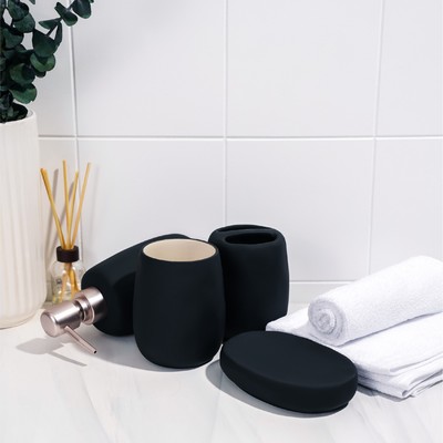 Набор аксессуаров для ванной комнаты SAVANNA Soft, 4 предмета (мыльница, дозатор для мыла 400 мл, 2 стакана), цвет чёрный