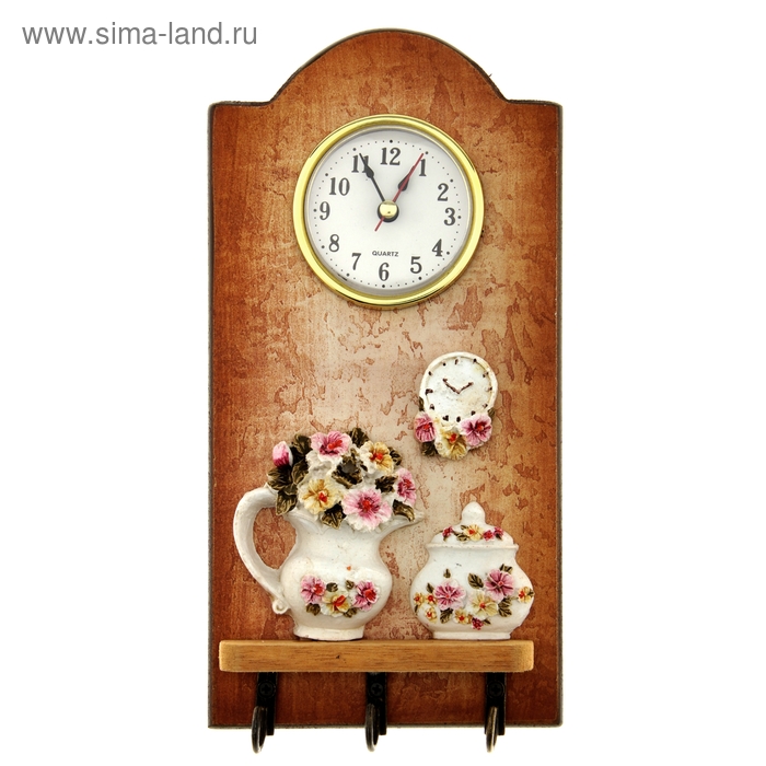 Крючки декоративные с часами "Цветы в чайничке" 23,5х12 см - Фото 1