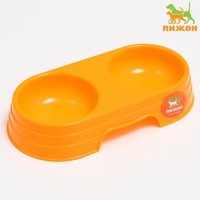 Миска пластиковая двойная "Дуэт", 24 х 12,5 х 4,5 см, оранжевая - Фото 1