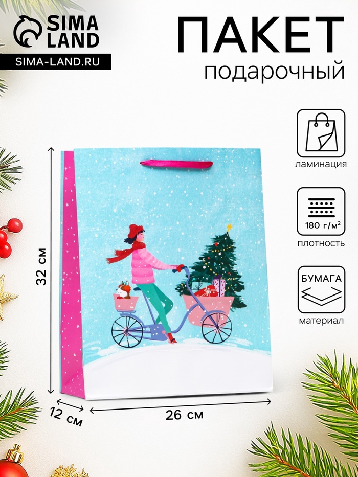 Пакет подарочный новогодний ламинированный «Вело-прогулка», 26×32×12 см - Фото 1