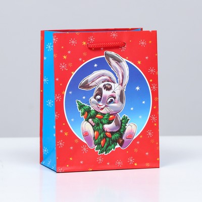 Пакет подарочный новогодний ламинированный «Зайчик с ёлкой» , 11.5×14.5×6.5 см