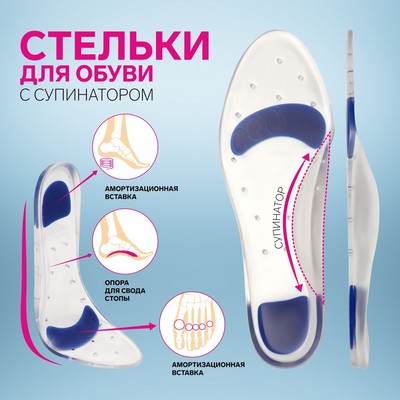 Стельки для обуви, с супинатором, универсальные, 41-42 р-р, 27 см, пара, цвет прозрачный/синий