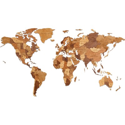 EWA Деревянная Карта Мира настенная, объемная 3 уровня, цвет шоколад