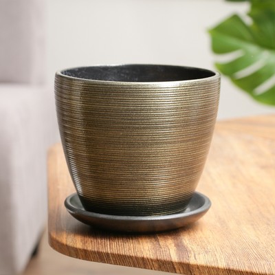 Горшок цветочный с поддоном 1,4 л, коричневый керамика, "Изысканность" (М)