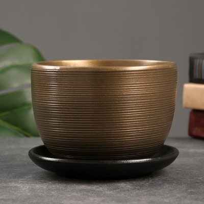 Горшок цветочный с поддоном 0,5 л, коричневый, керамика, "Амелия" (М)