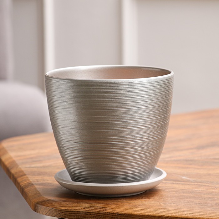 Горшок цветочный с поддоном 1,4 л, серый, керамика, "Амелия" (М) - Фото 1