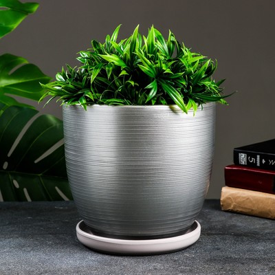 Горшок цветочный с поддоном 4,7 л, серый, керамика, "Амелия" (М)