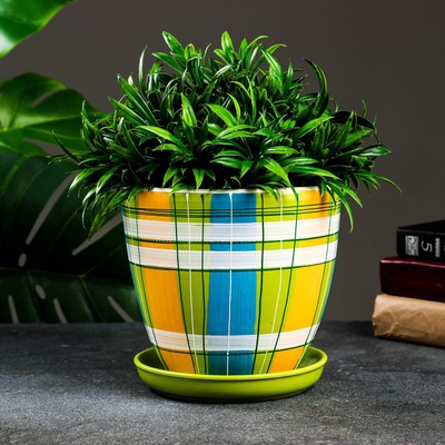 Горшок цветочный с поддоном 2,4 л, разноцвет, керамика, "Английская клетка" (М)