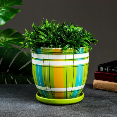 Горшок цветочный с поддоном 4,7 л, разноцвет, керамика, "Английская клетка" (М)
