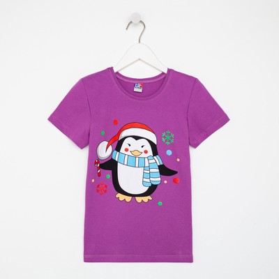 Футболка детская, цвет фиолетовый/пингвин, рост 122 см