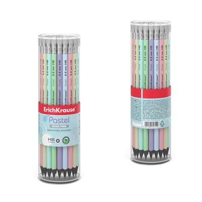 Карандаш чернографитный с ластиком ErichKrause Pastel, HB, круглый в тубусе, МИКС