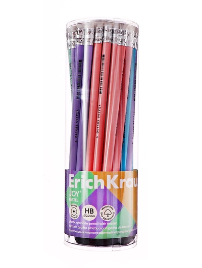 Карандаш чернографитный с ластиком ErichKrause Pastel, HB, круглый в тубусе, МИКС