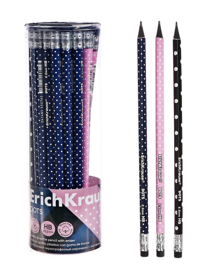 Карандаш чернографитный с ластиком ErichKrause "Dots", HB, грифель d=2.2 мм, пластик, трёхгранный в тубусе, микс - Фото 1