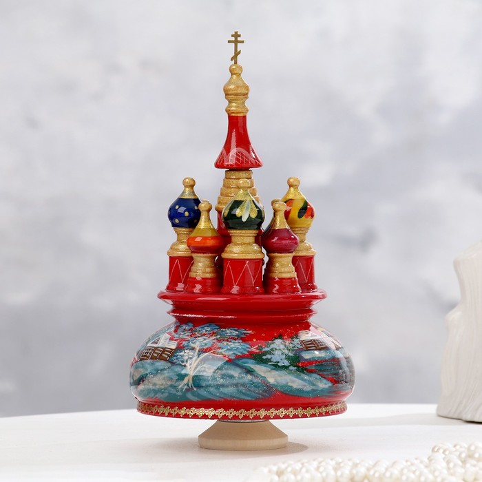 Сувенир музыкальный "Храм", зима, красный фон, ручная роспись - фото 1889910610
