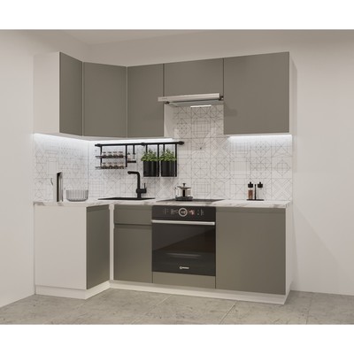 Кухонный гарнитур угловой «Лайн - 8», 1000×2200 мм, цвет белый/обсидиан/мрамор белый