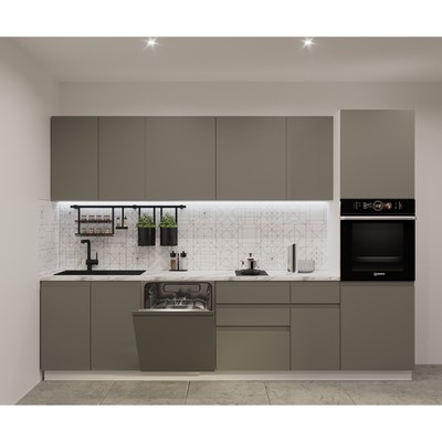 Кухонный гарнитур прямой «Лайн - 12», 3000×600 мм, цвет белый/обсидиан/мрамор белый