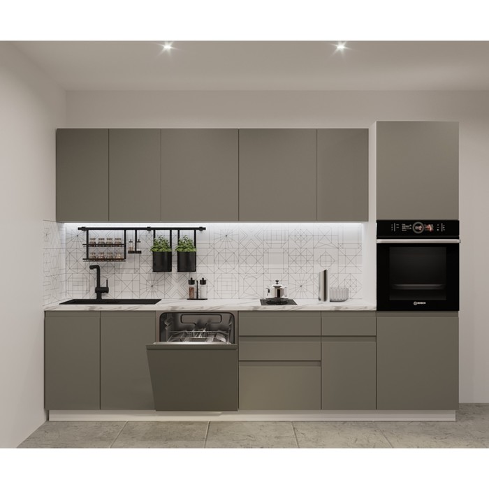 Кухонный гарнитур прямой «Лайн 12», 3000 мм, цвет белый/обсидиан/мрамор белый - Фото 1