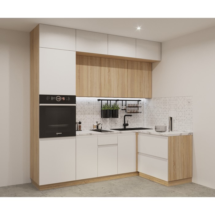 Кухонный гарнитур угловой трёхуровневый в потолок «Лайн 17», 2400×1400 мм, цвет дуб сонома/тальк/дуб сонома/мрамор белый - Фото 1