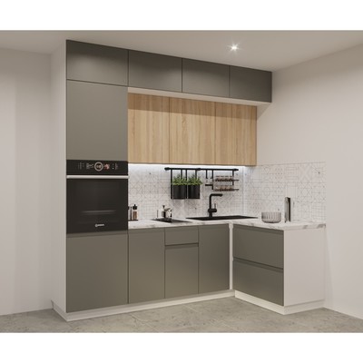 Кухонный гарнитур трёхуровневый «Лайн - 18», 2400×1400 мм, цвет белый/обсидиан/дуб сонома/мрамор белый