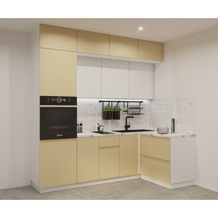 Кухонный гарнитур угловой трёхуровневый в потолок «Лайн 20», 2400×1400 мм, цвет белые/стамбул/тальк/мрамор белый - Фото 1