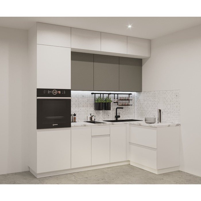 Кухонный гарнитур угловой трёхуровневый в потолок «Лайн 21», 2400×1400 мм, цвет белые/тальк/обсидиан/мрамор белый - Фото 1