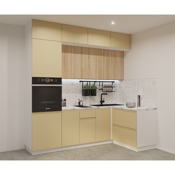 Кухонный гарнитур угловой трёхуровневый в потолок «Лайн 22», 2400×1400 мм, цвет белый/стамбул/дуб сонома/мрамор белый - Фото 1