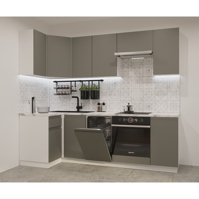 Кухонный гарнитур угловой «Лайн - 24», 1000×2450 мм, цвет белый/обсидиан/мрамор белый