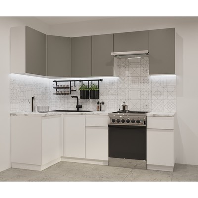 Кухонный гарнитур угловой «Лайн - 34», 1200×2400 мм, цвет белый/обсидиан/тальк/мрамор белый