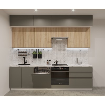 Кухонный гарнитур прямой трёхуровневый в потолок «Лайн 44», 2800 мм, цвет белый/обсидиан/дуб сонома/мрамор белый