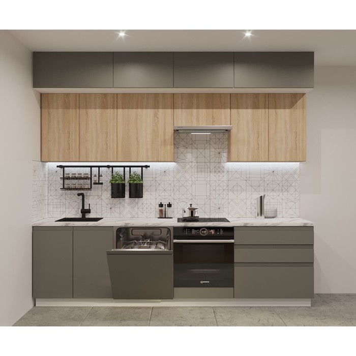 Кухонный гарнитур прямой трёхуровневый в потолок «Лайн 44», 2800 мм, цвет белый/обсидиан/дуб сонома/мрамор белый - Фото 1