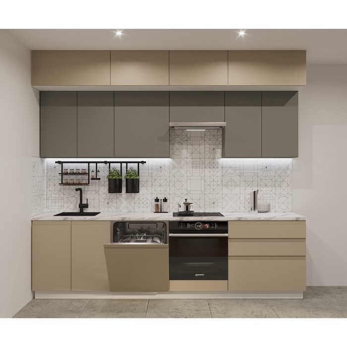 Кухонный гарнитур прямой трёхуровневый в потолок «Лайн 45», 2800 мм, цвет белые/пикрит/обсидиан/мрамор белый - Фото 1