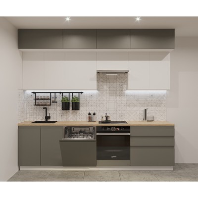 Кухонный гарнитур трёхуровневый «Лайн - 47», 2800×600 мм, цвет белый/обсидиан/тальк/дуб сонома светлый