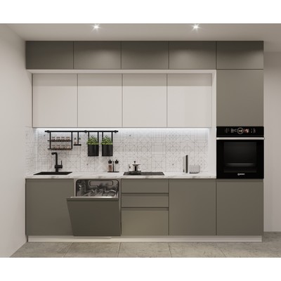 Кухонный гарнитур трёхуровневый «Лайн - 53», 3000×600 мм, цвет белый/обсидиан/тальк/мрамор белый